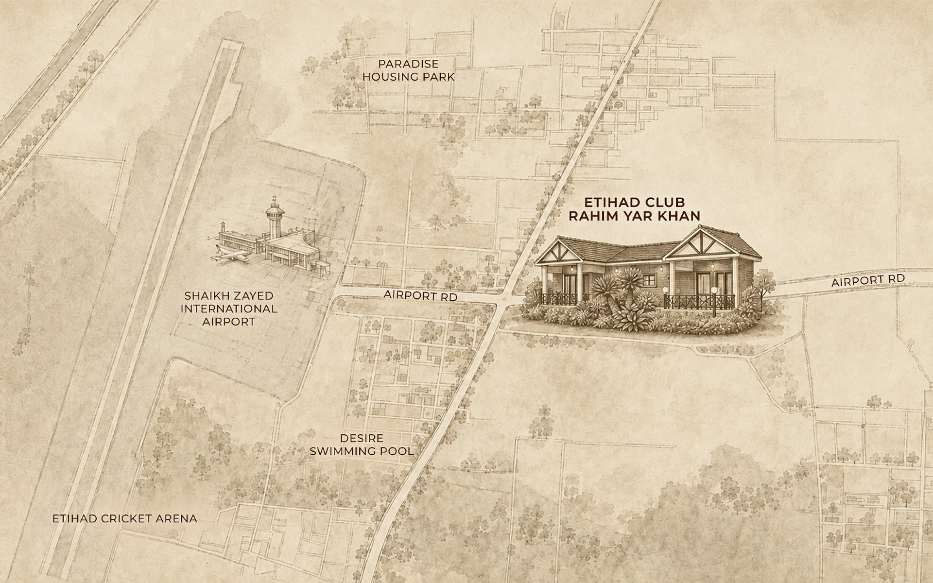Illustrated map of Rahim Yar Khan marking Etihad Club on Airport Road, near Shaikh Zayed International Airport