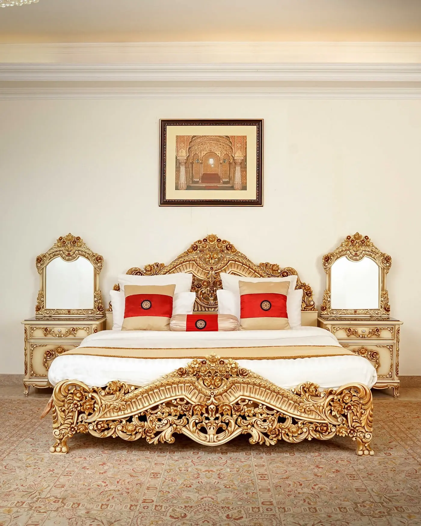 Executive Room at Etihad Club, with a gilded bed and mirrored side tables