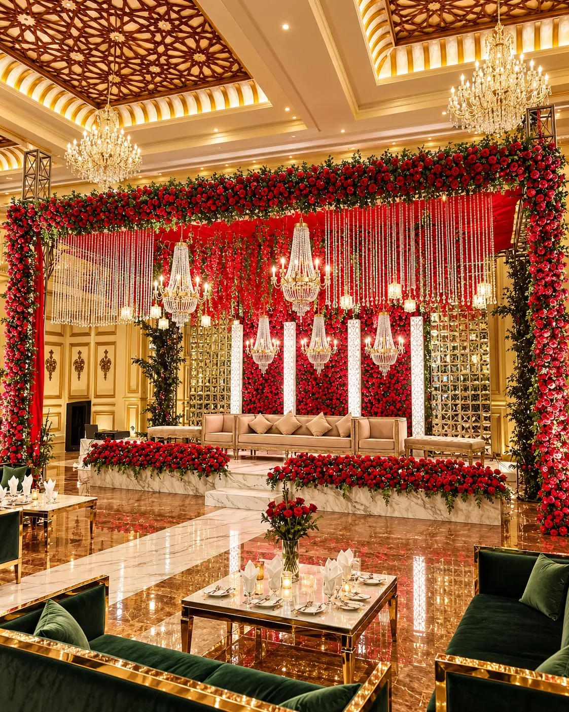 A crimson and gold stage set with a sofa beneath a chandelier