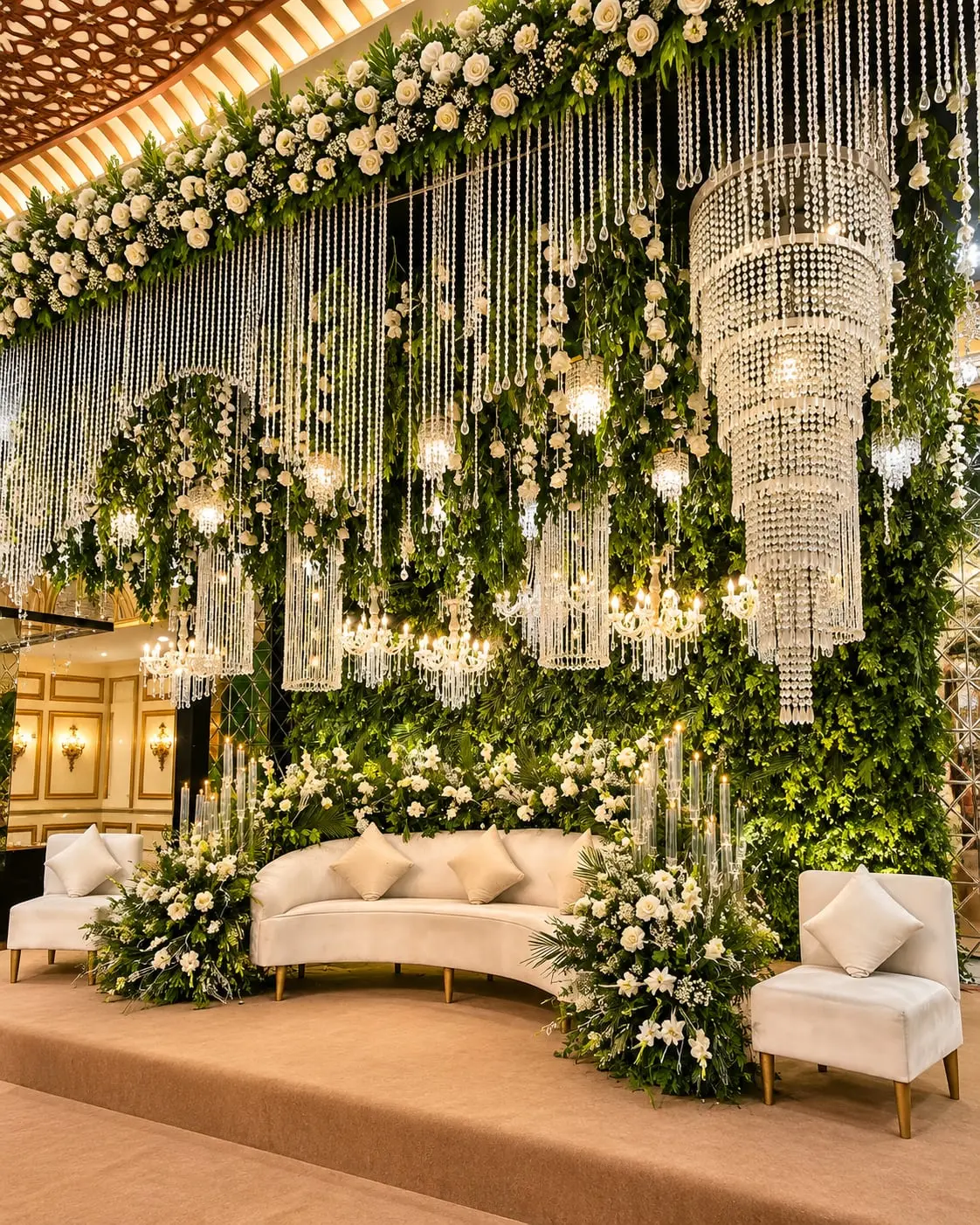 A crystal canopy above a cream seat, framed by greenery