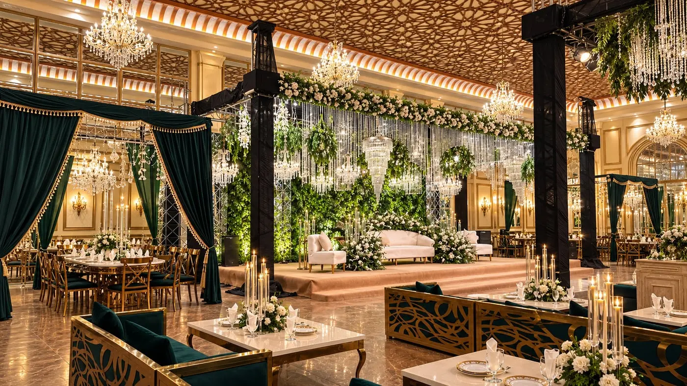 A curtained bay and floral wall with lounge seating before it