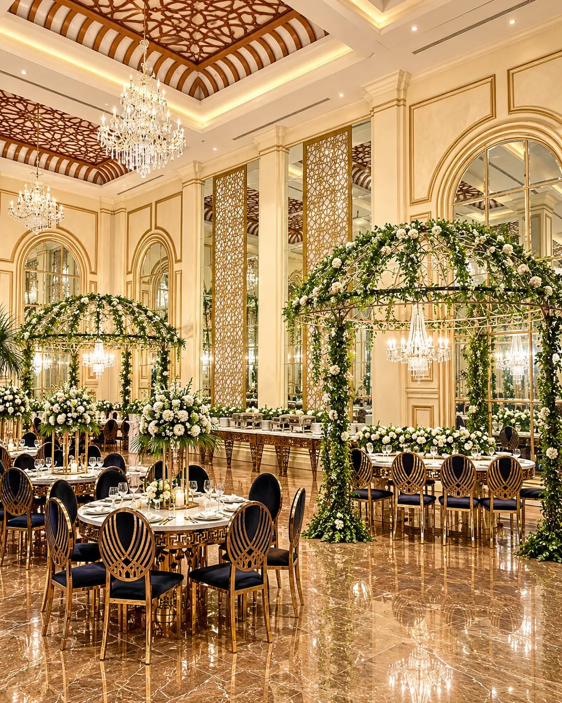 Garlanded arches over tables set for a wedding breakfast
