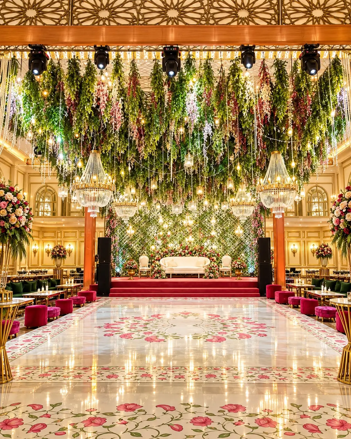 The hall under a suspended garden of flowers, its aisle carpeted in red