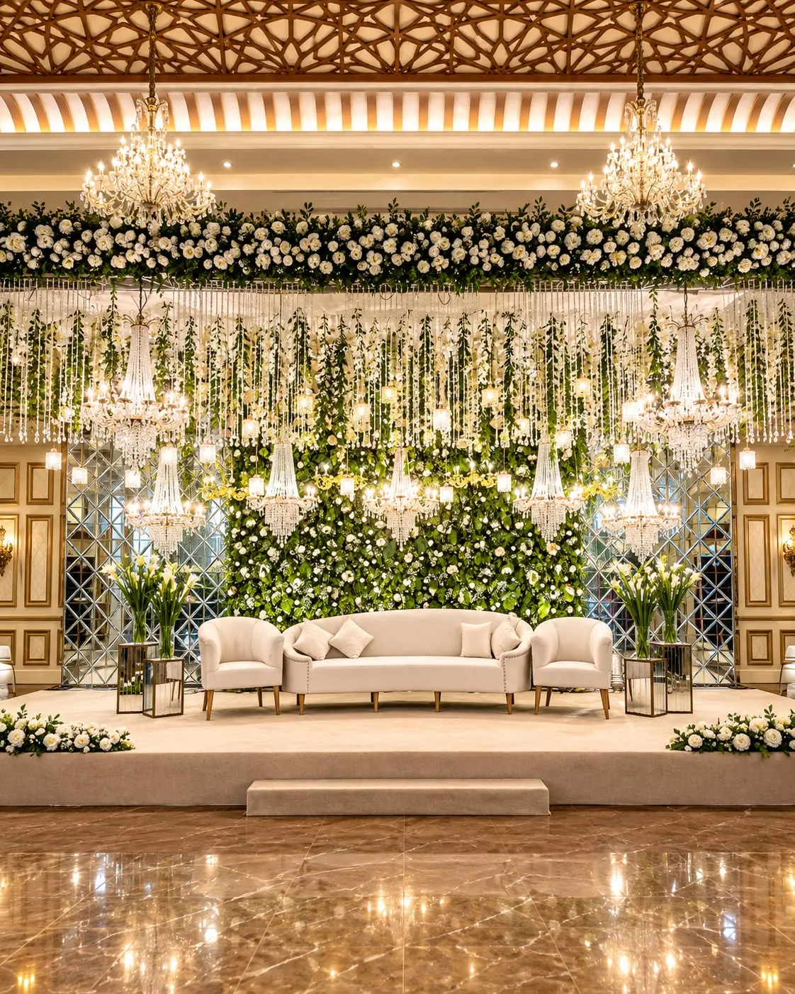 Cream sofas beneath hanging white blooms and greenery