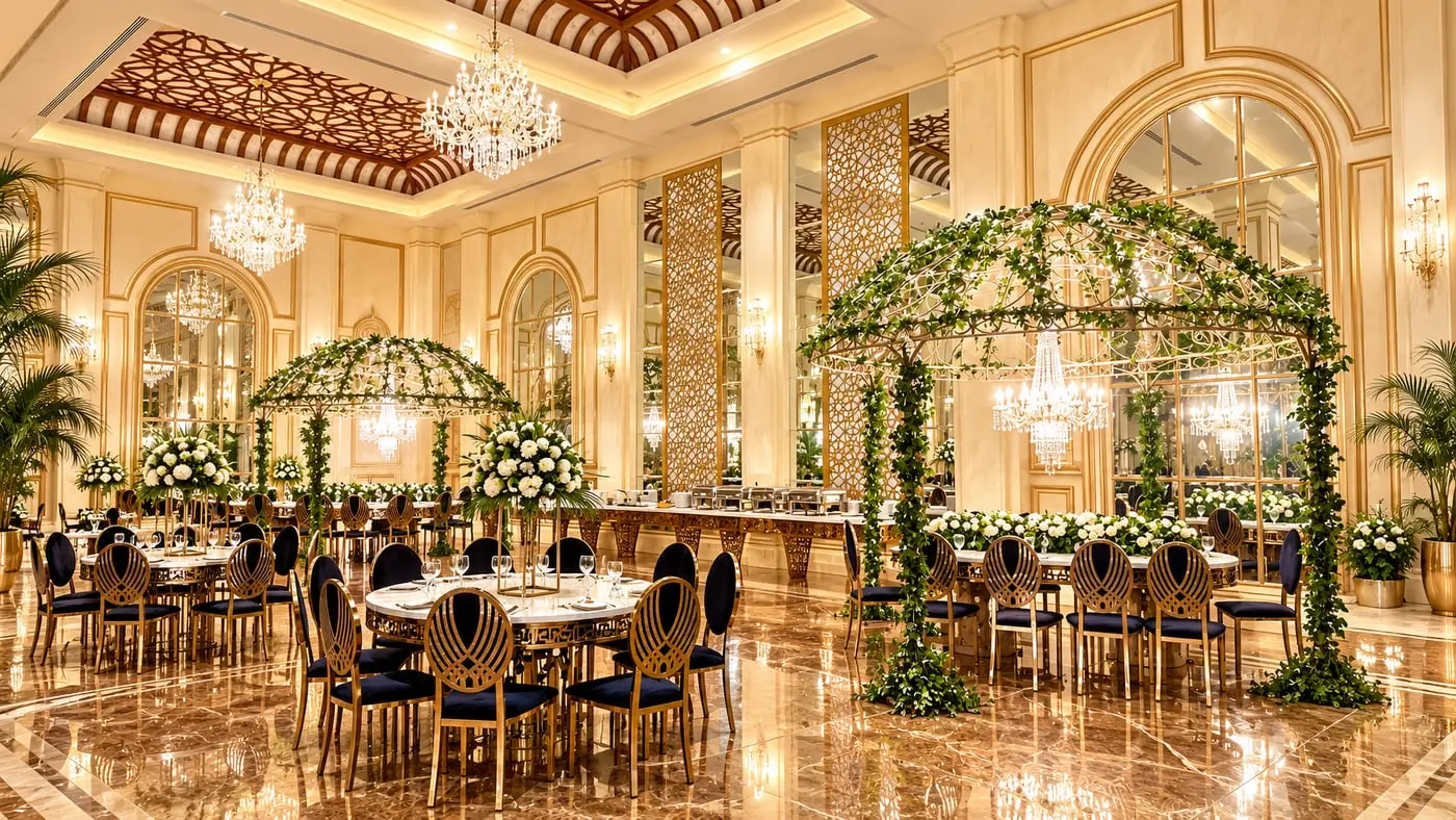 Round tables laid beneath floral arches in the banquet hall