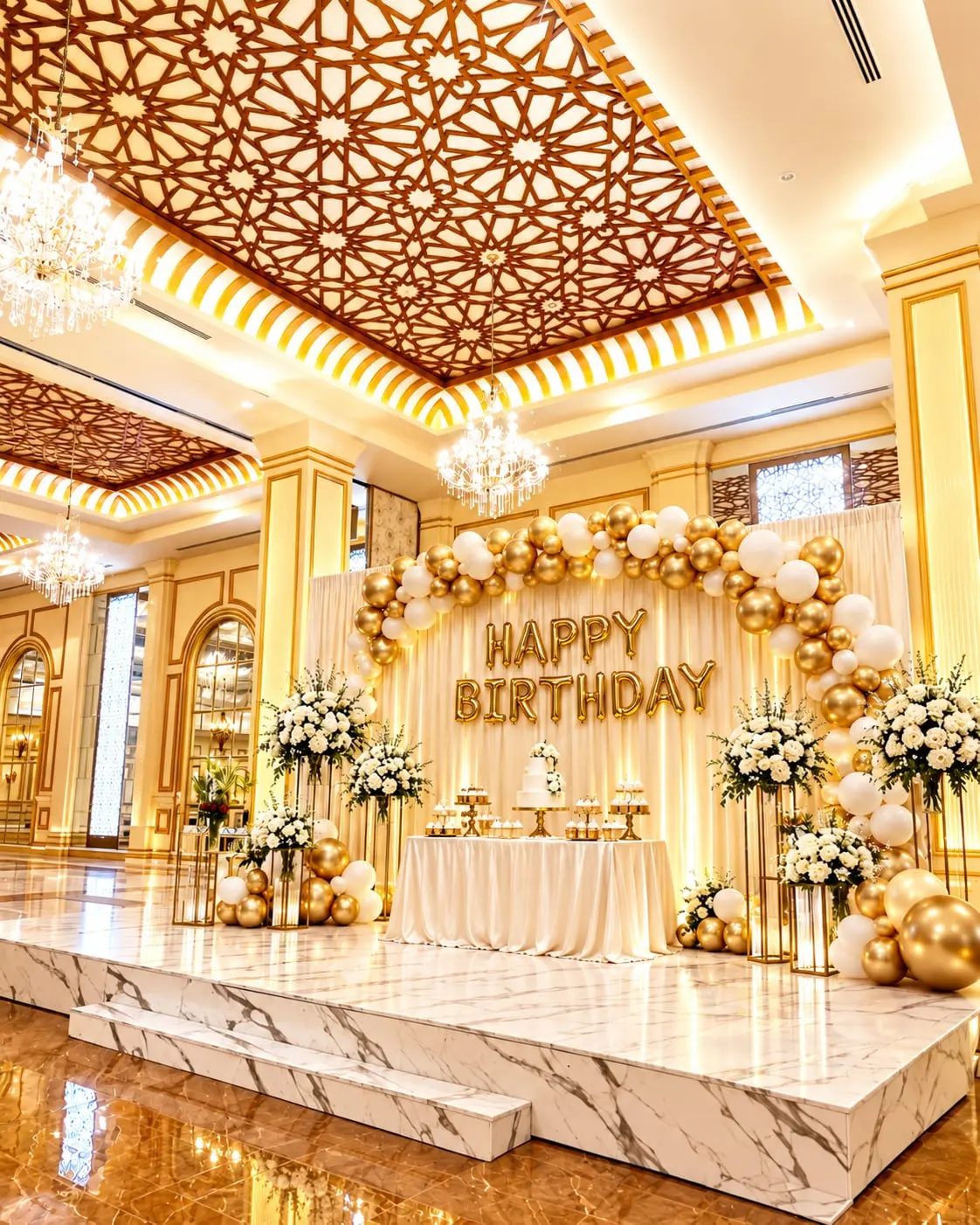 A gold and white balloon arch spelling HAPPY BIRTHDAY above a cake table, beneath a fretwork ceiling
