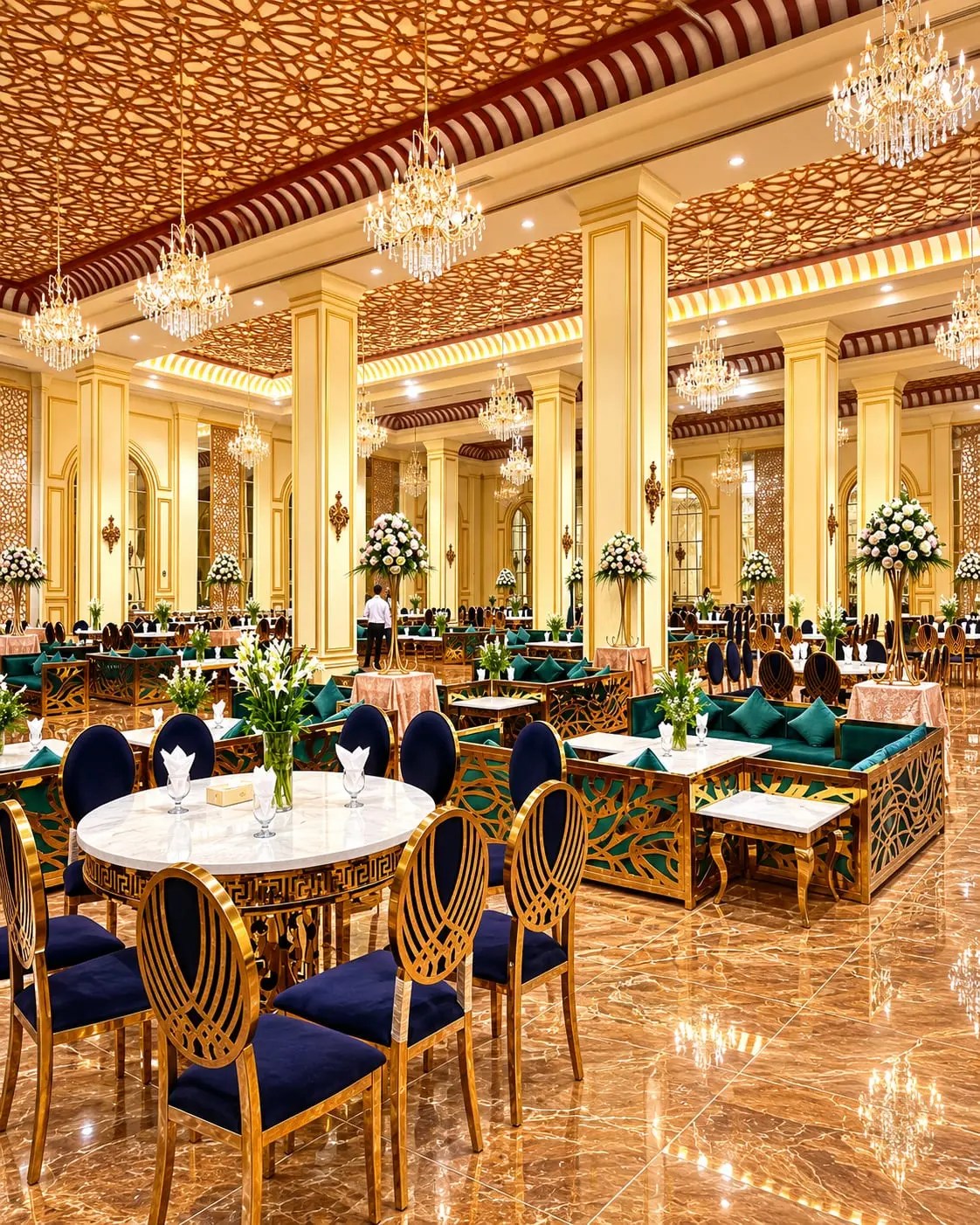 Round tables laid with place settings and navy chairs under a fretwork ceiling