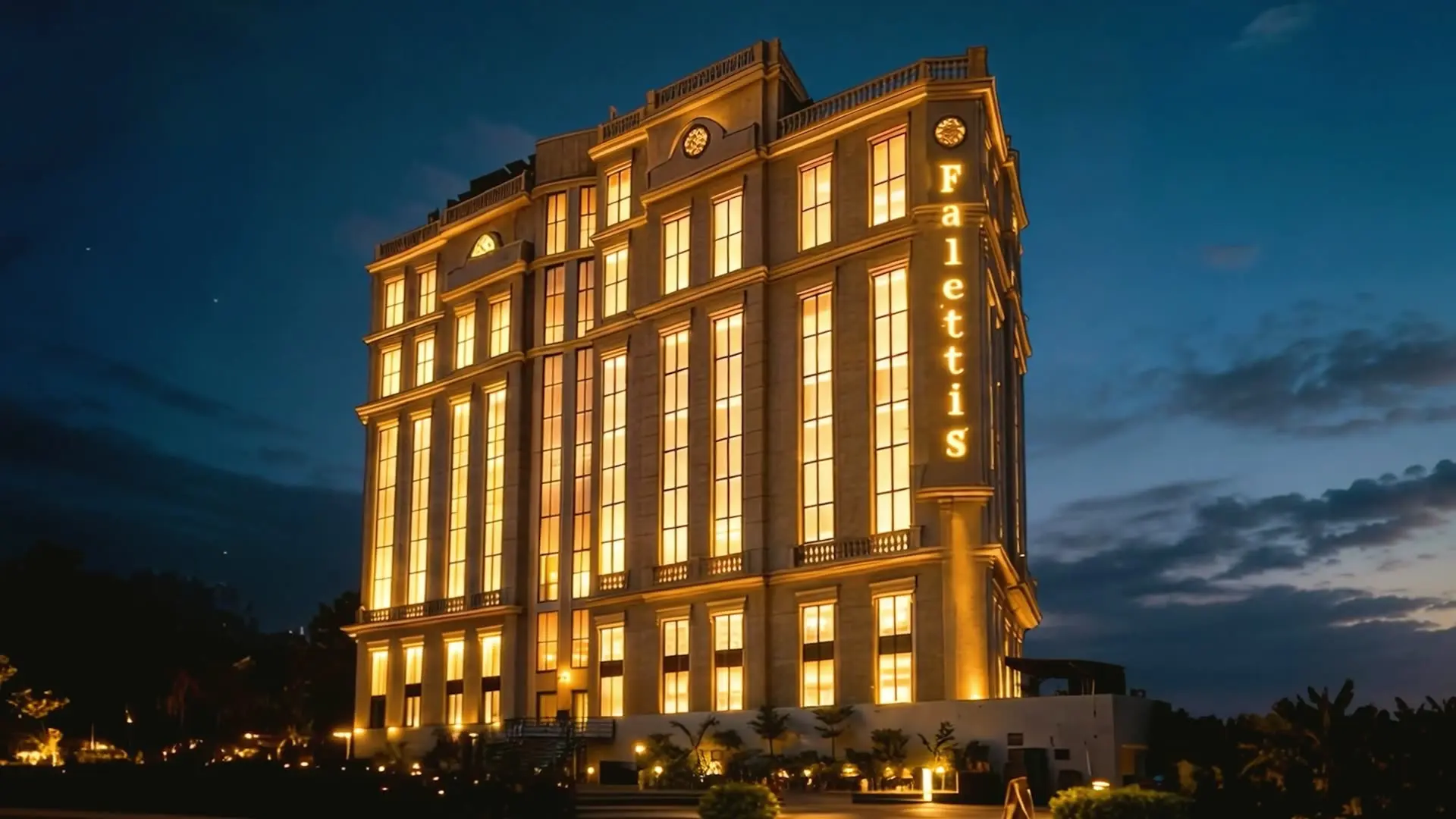 Faletti’s Boutique Multan at dusk, its stone facade lit from top to bottom