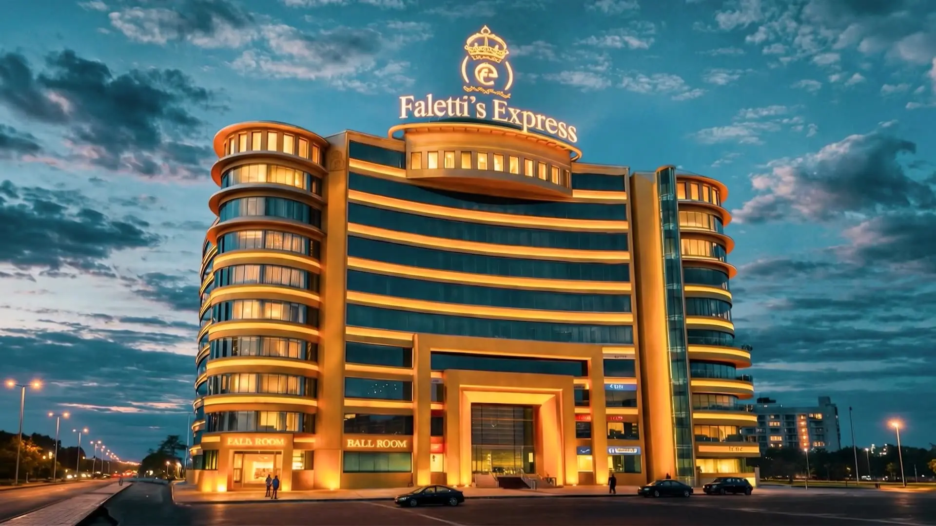 Faletti’s Express Shimla Hill at dusk, its curved tower banded with light beneath the crowned sign