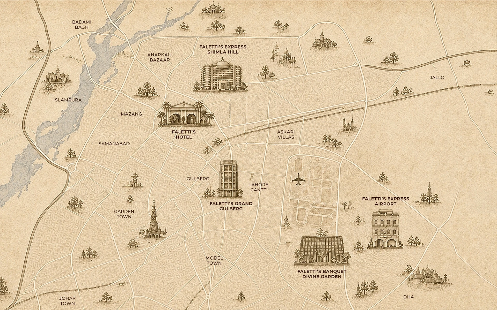 Illustrated map of Lahore marking five Faletti’s properties, including Faletti’s Express Shimla Hill off Egerton Road