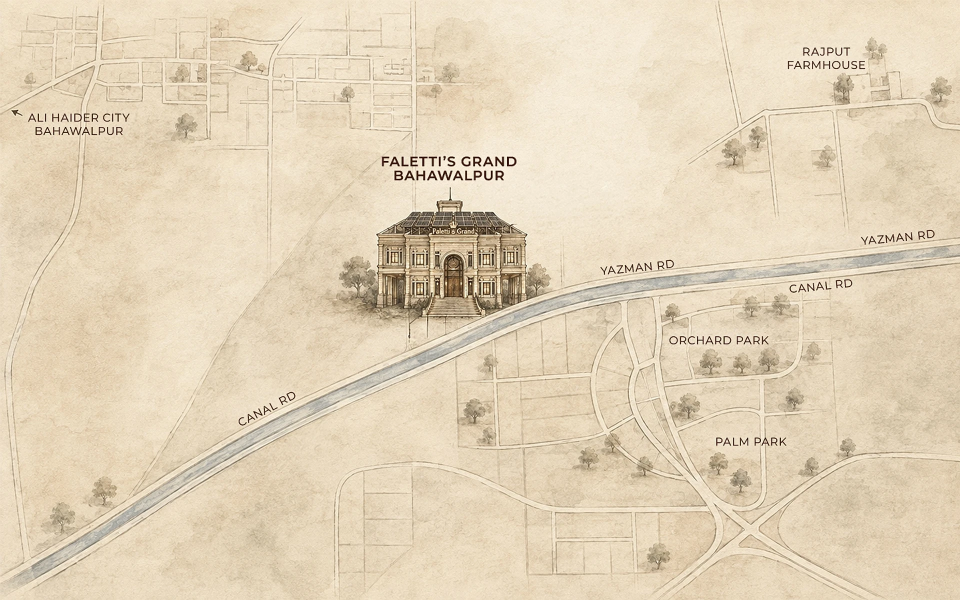 Illustrated map of Bahawalpur marking Faletti’s Grand Bahawalpur on Canal Road