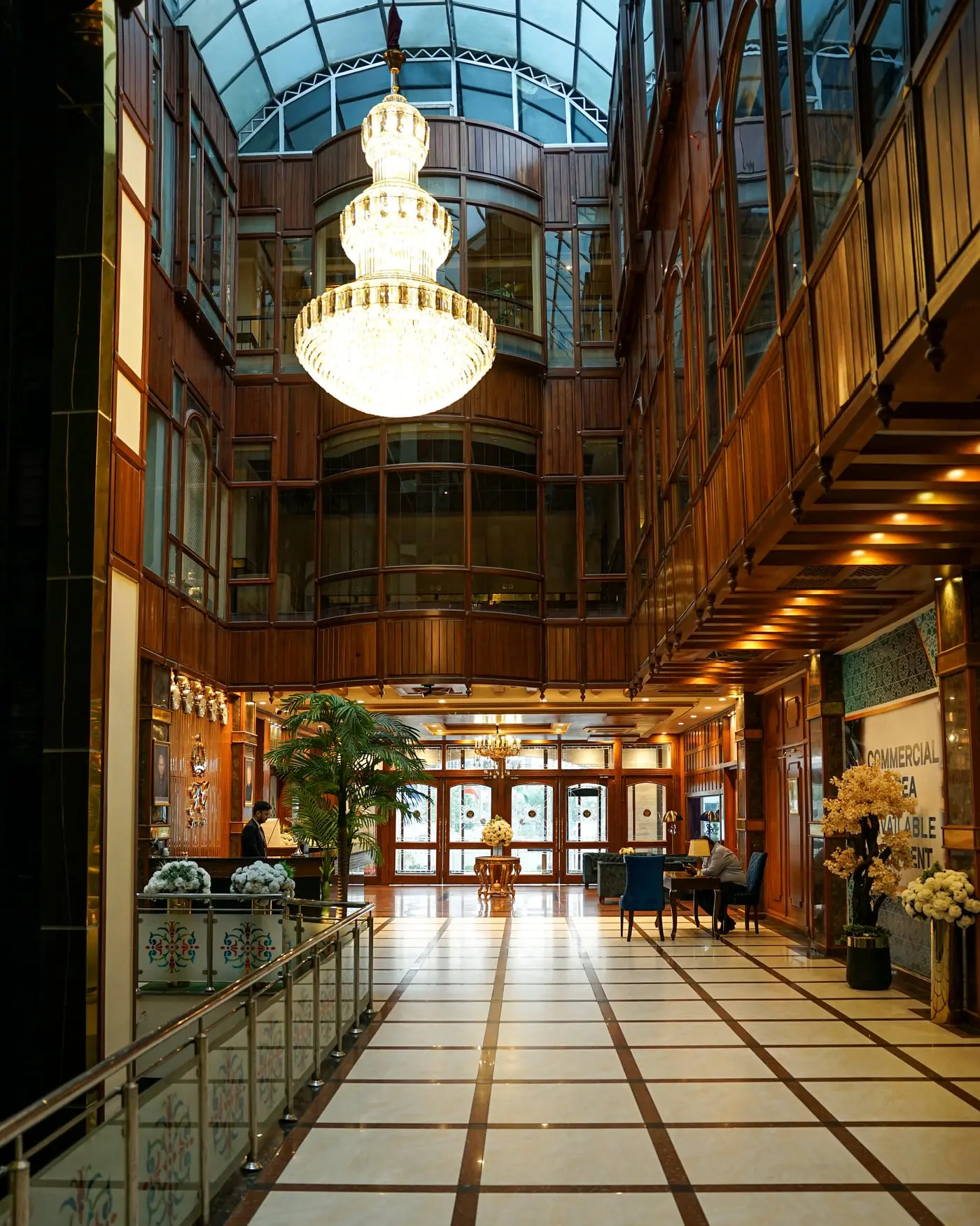 The atrium and its chandelier