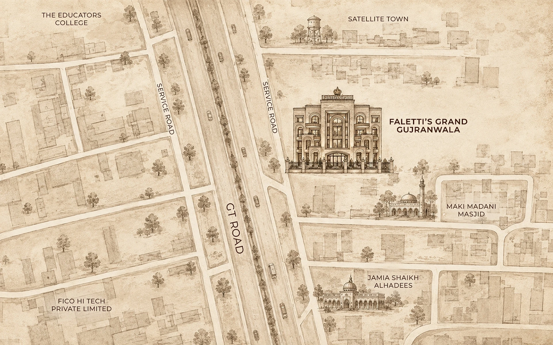 Illustrated map of Gujranwala marking Faletti’s Grand Gujranwala on GT Road, near Satellite Town