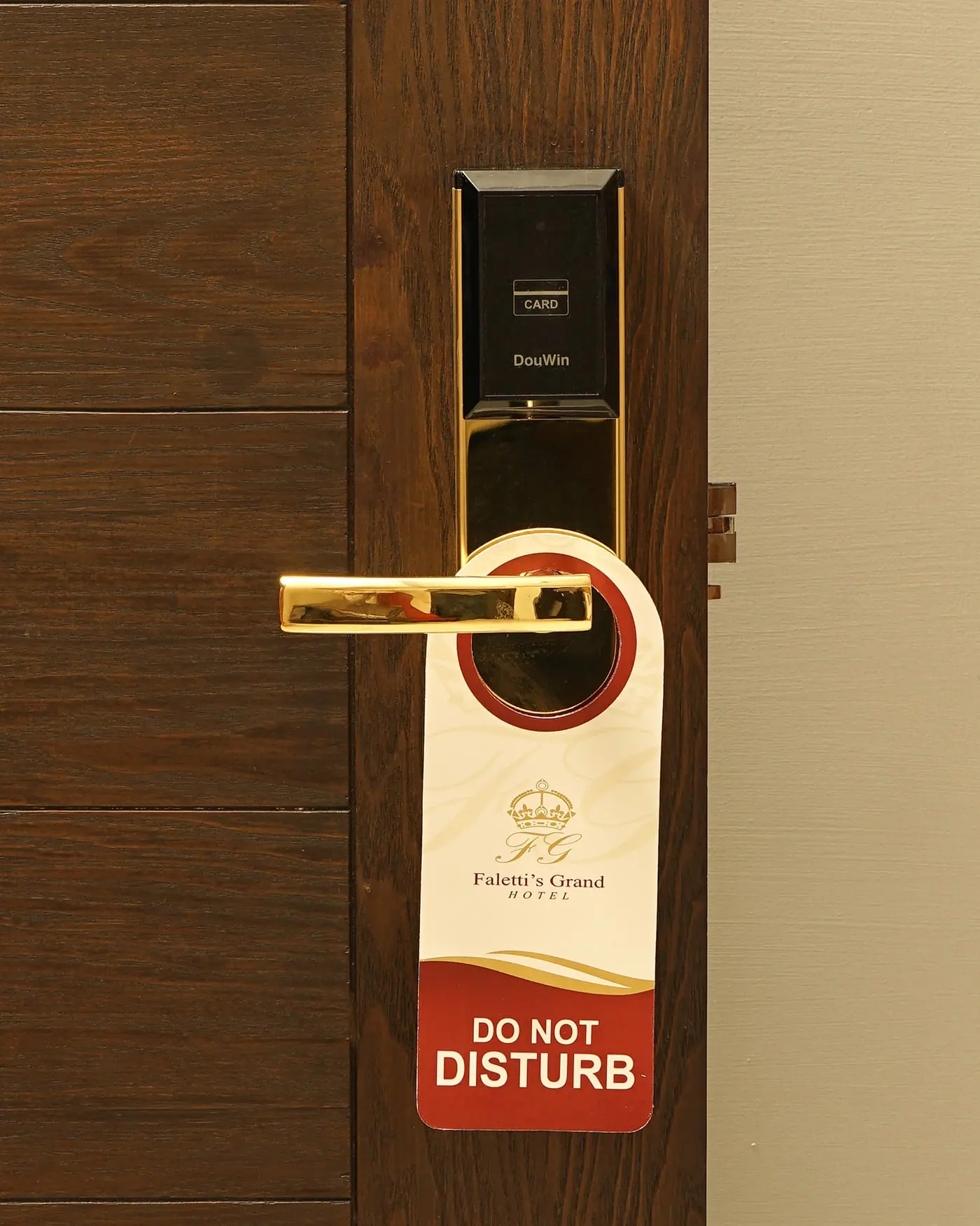 A guest room door and its do-not-disturb hanger