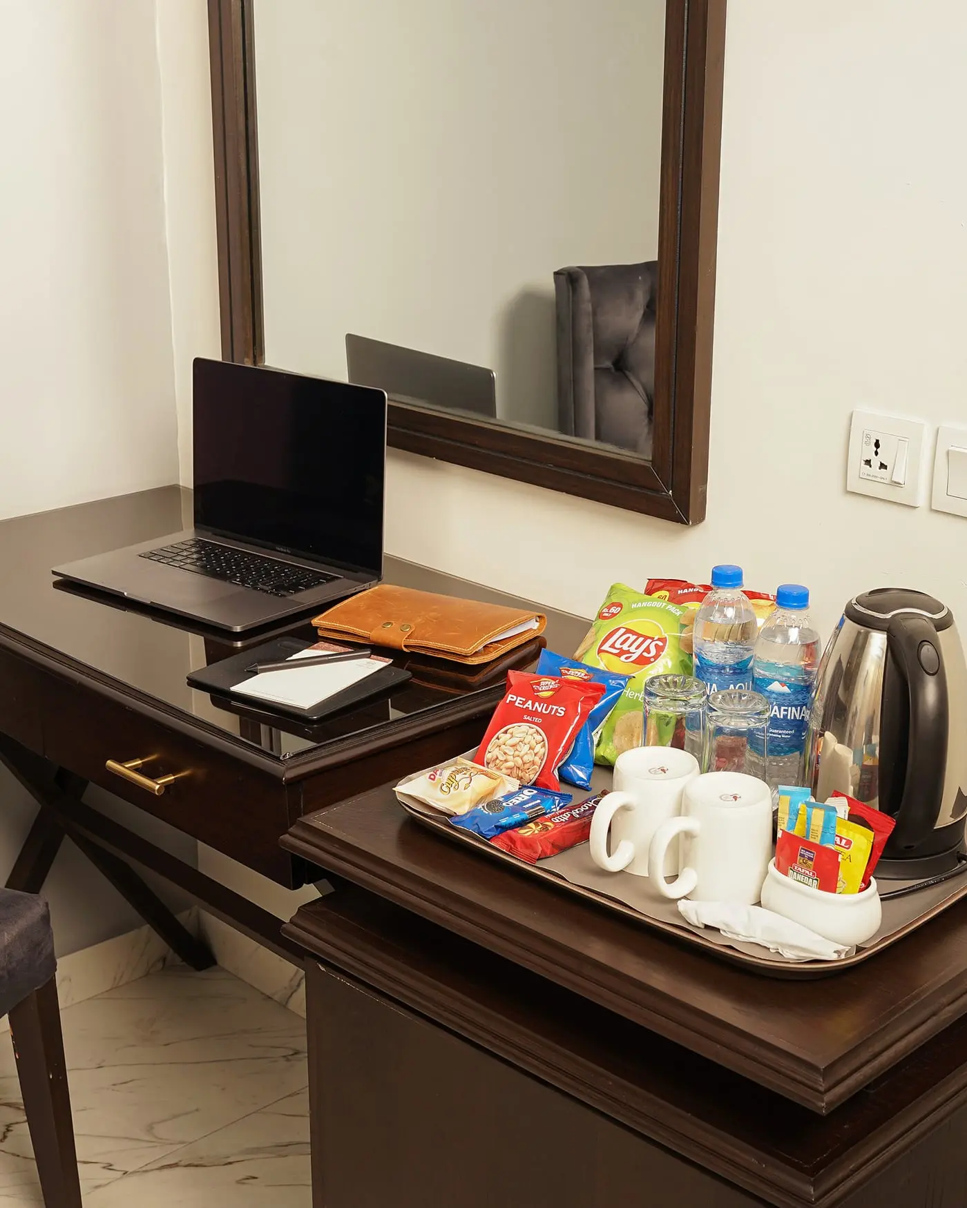 A welcome tray in a guest room