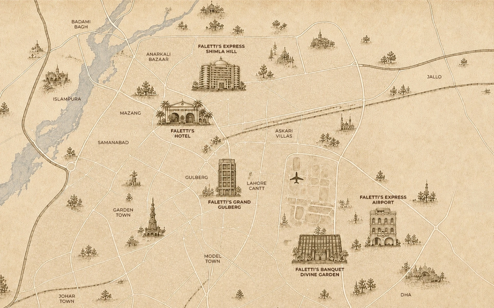 Illustrated map of Lahore marking five Faletti’s properties, including Faletti’s Grand Gulberg