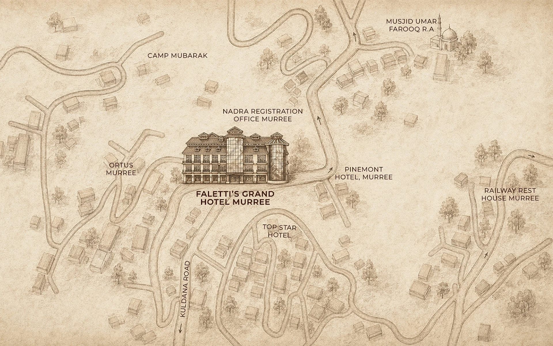 Illustrated map of Murree marking Faletti’s Grand Murree on Kuldana Road near GPO
