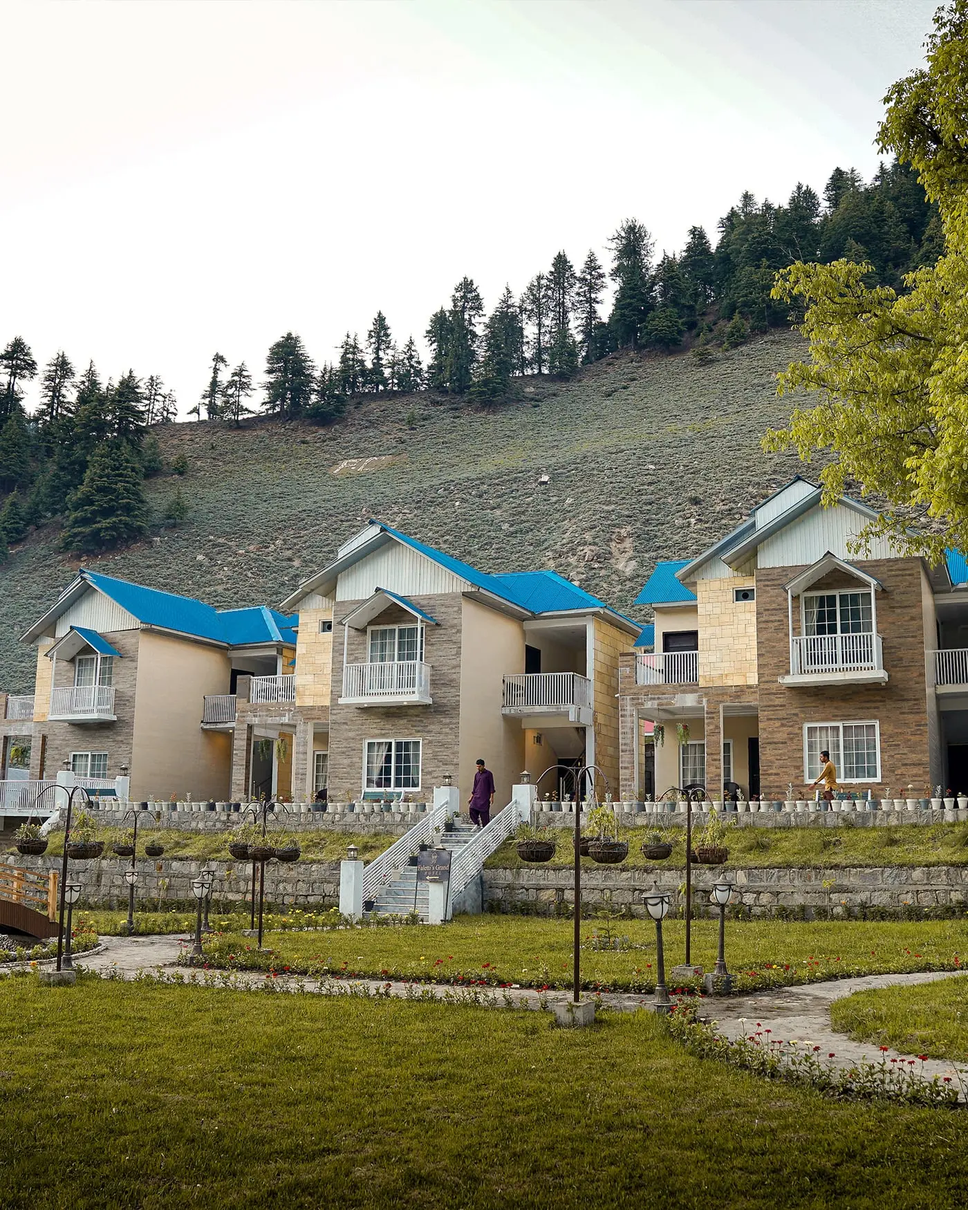 The cottages at Faletti’s Grand Naran below a pine hillside