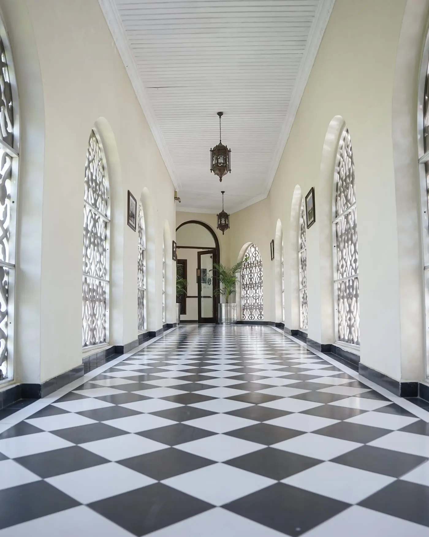 Colonnaded corridor with a marble floor