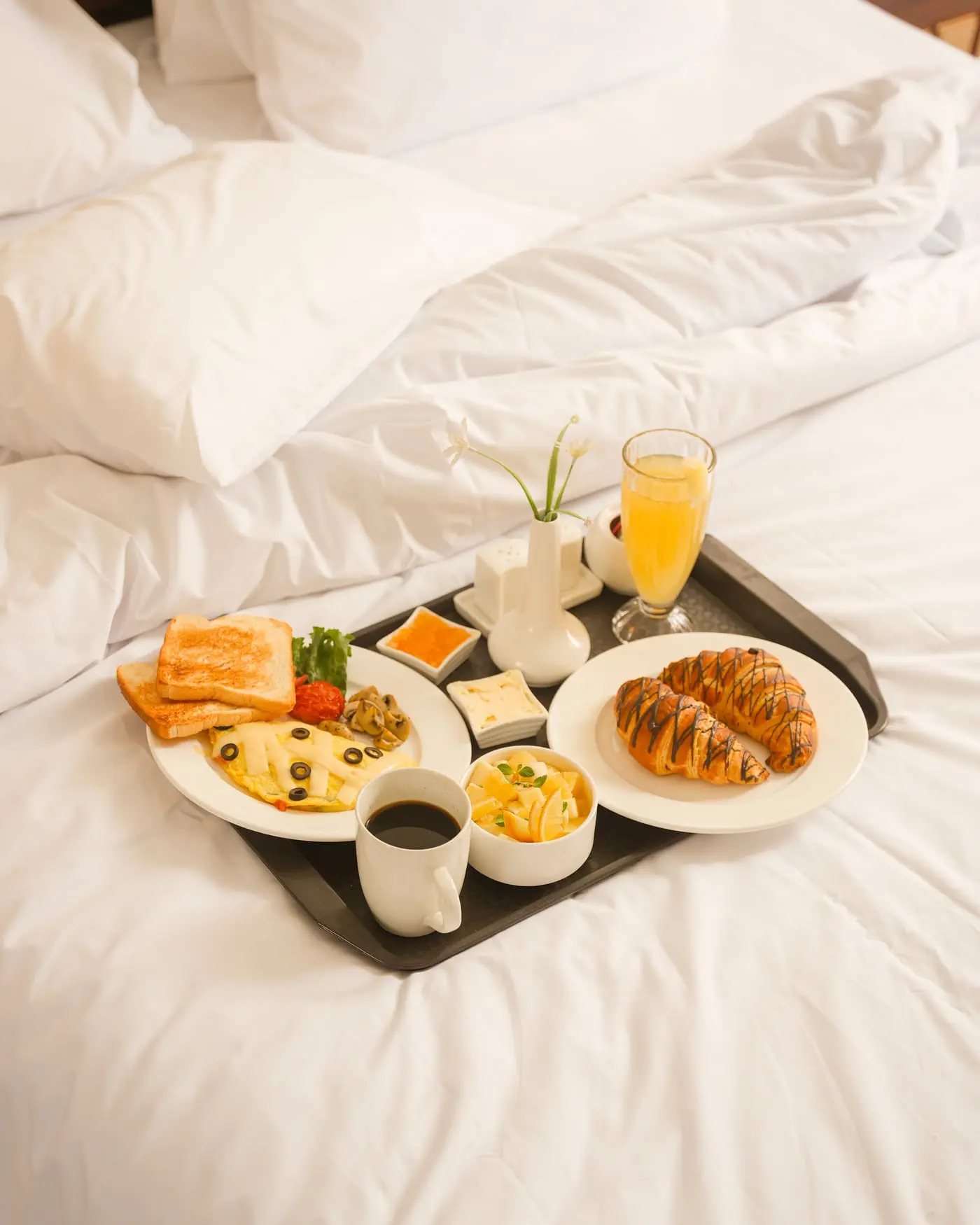 A breakfast tray on the bed