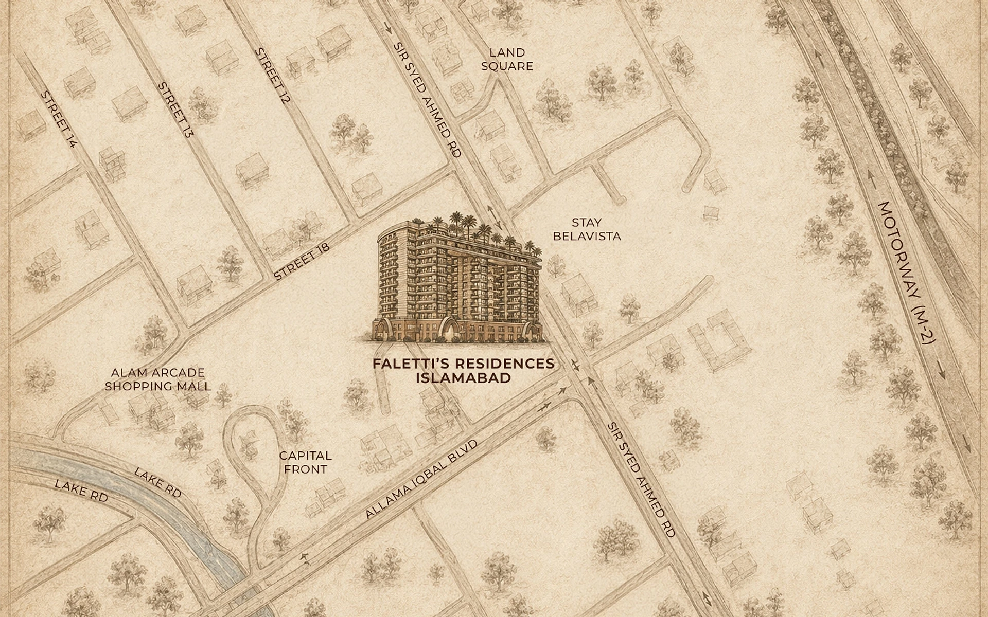 Illustrated map of TopCity-1, Islamabad, marking Faletti’s Residences Top City off Allama Iqbal Boulevard near the M-2 motorway