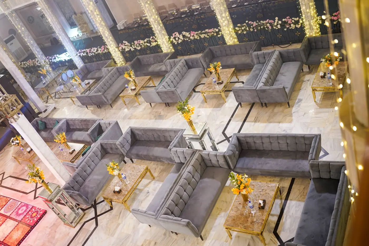 Lounge seating laid out in a banquet hall