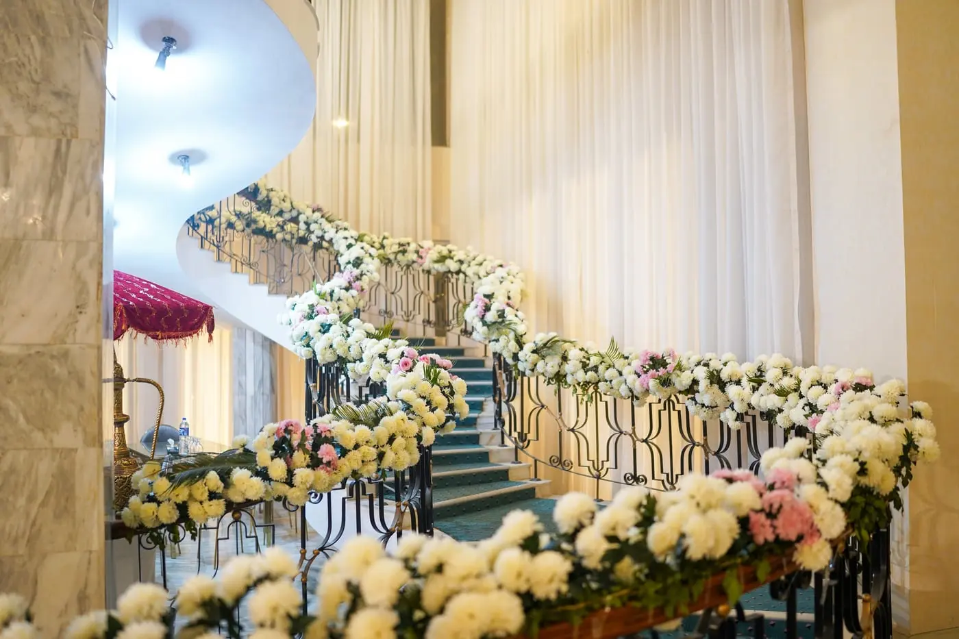 The staircase at The Palace Banquet, dressed with chrysanthemum garlands