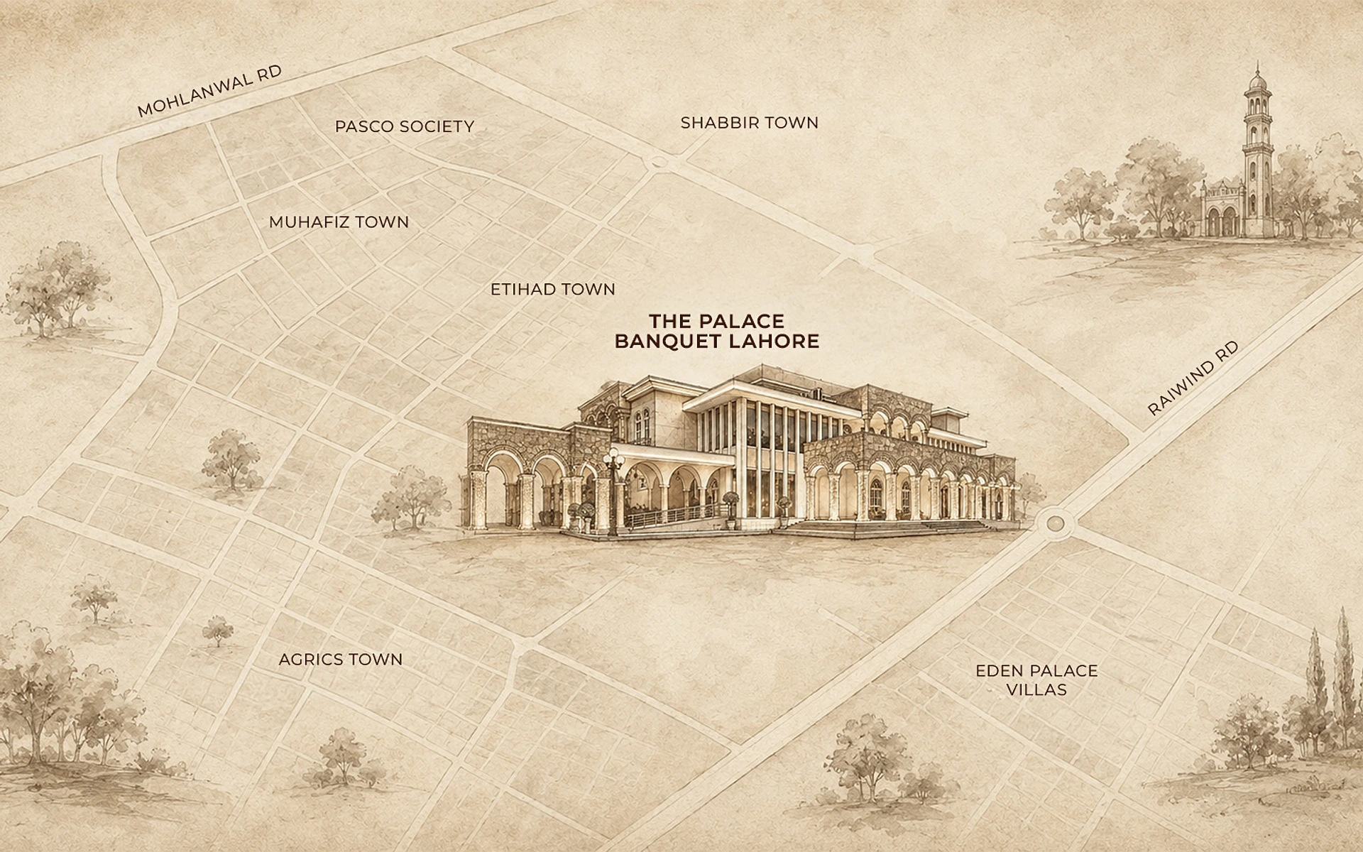 Illustrated map of the Raiwind Road area of Lahore marking The Palace Banquet, off Main Raiwind Road in Etihad Town Phase I