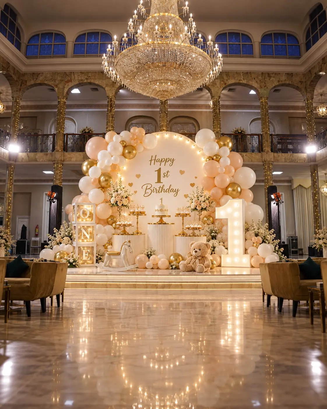 Grey lounge seating and yellow blooms beneath fairy-lit columns